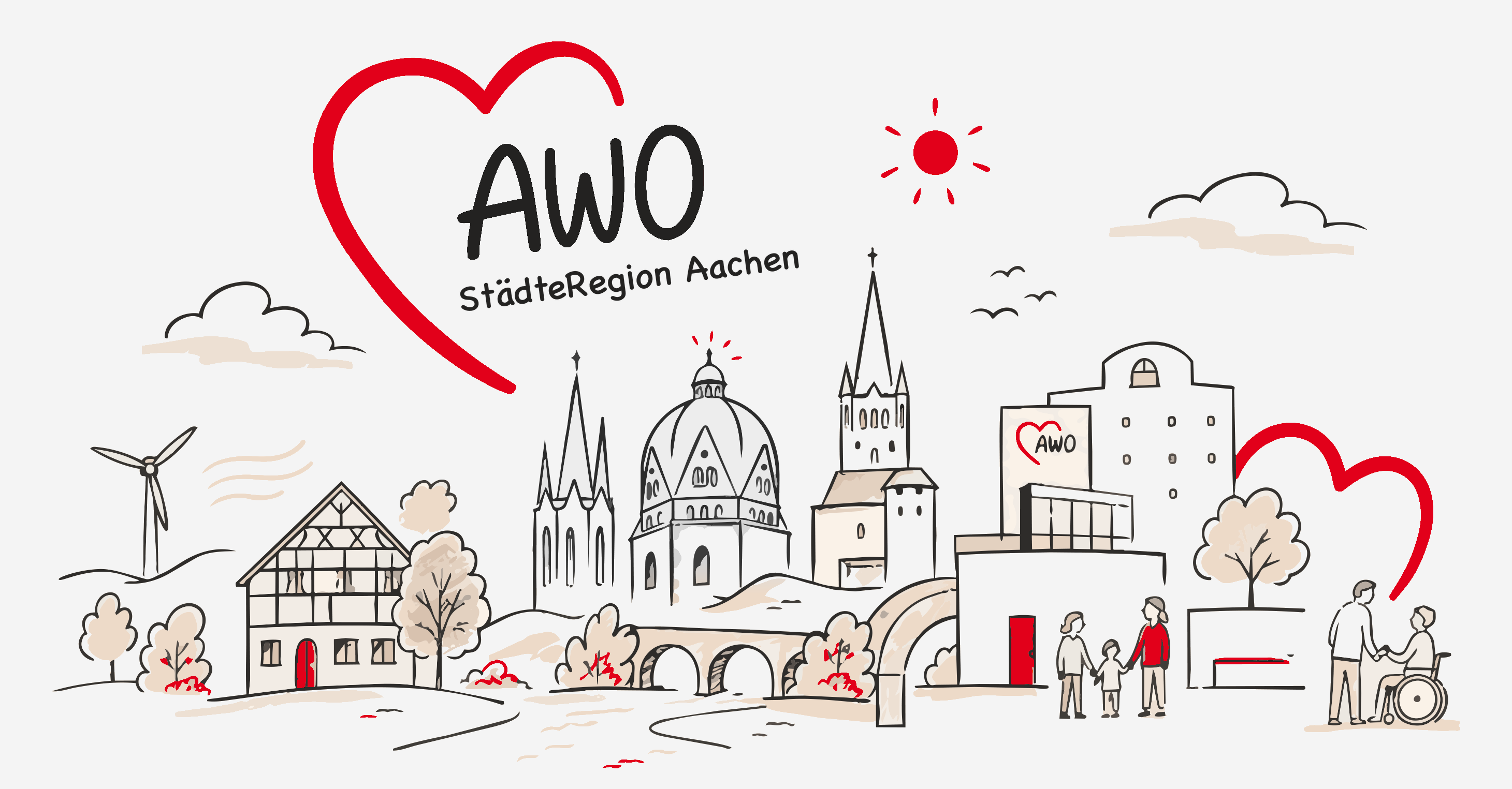 Illustration der AWO in der StädteRegion Aachen mit Stadtansicht