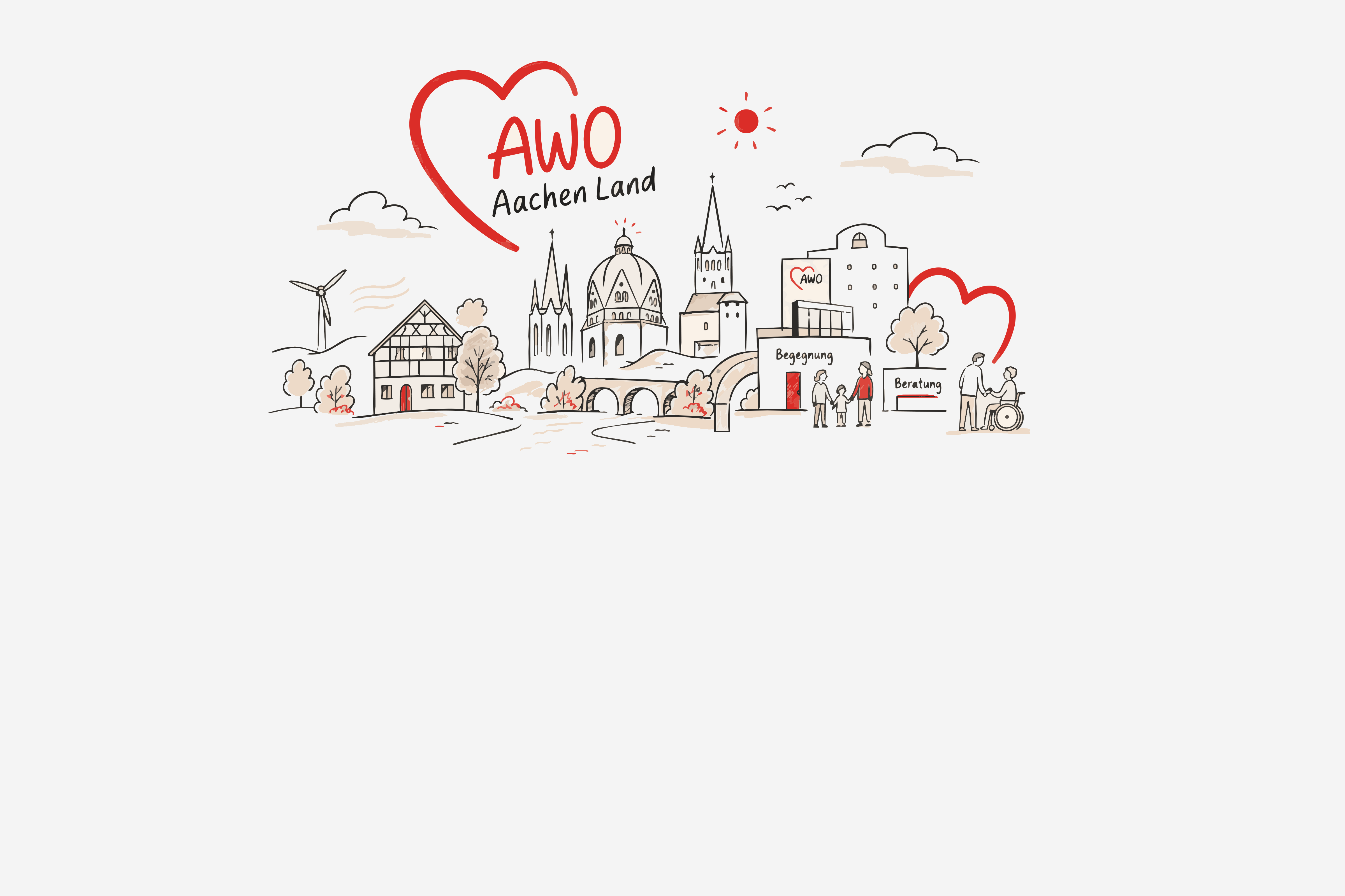 Illustration von AWO Aachen Land mit Stadtansicht, Begegnung und Beratung