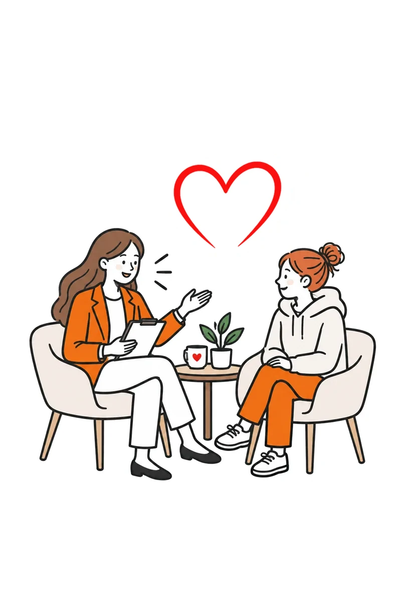 Illustration: Beraterin im Gespräch mit einer jungen Frau, darüber ein rotes Herz