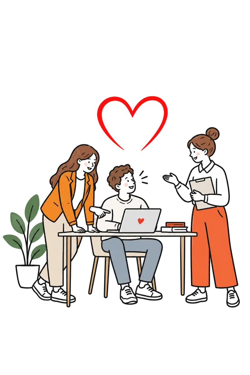 Illustration: Drei Kolleginnen und Kollegen arbeiten gemeinsam am Laptop, darüber ein rotes Herz