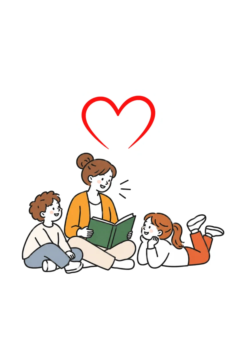 Illustration: Erzieherin liest zwei Kindern aus einem Buch vor, darüber ein rotes Herz