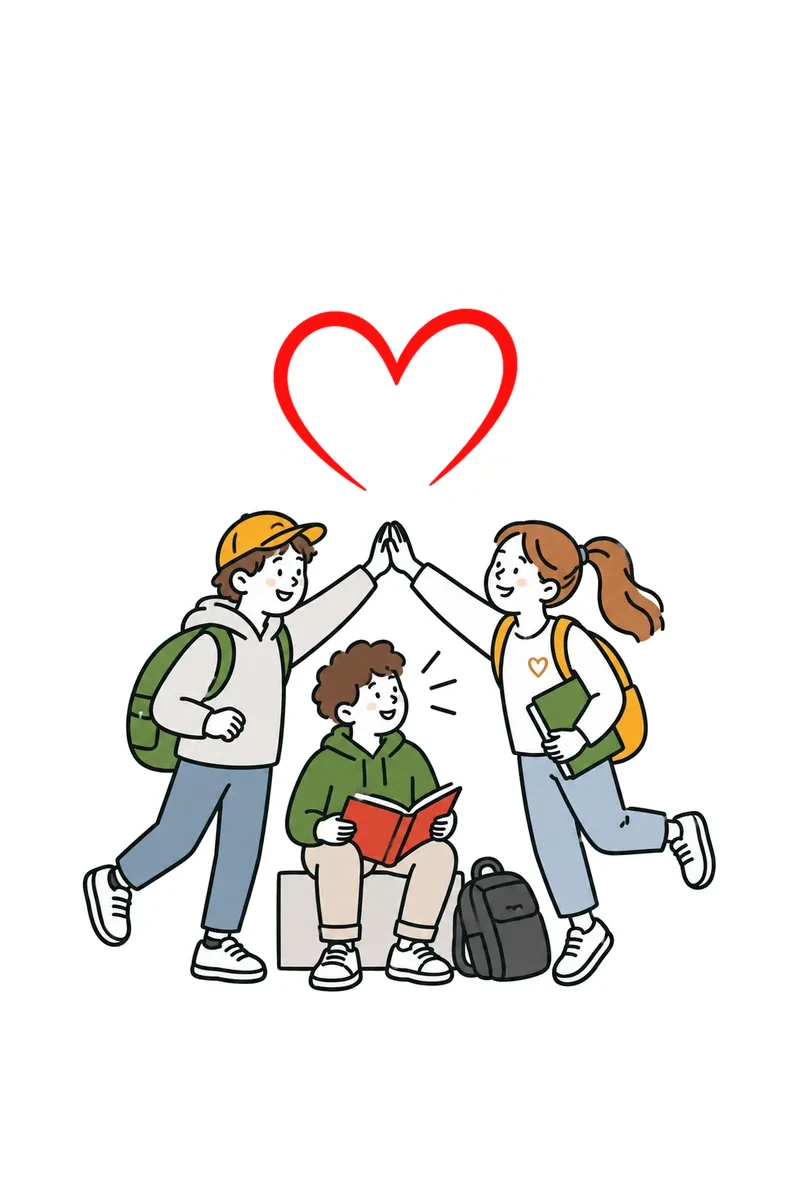 Illustration: Drei Jugendliche mit Schulranzen geben sich ein High Five, darüber ein rotes Herz