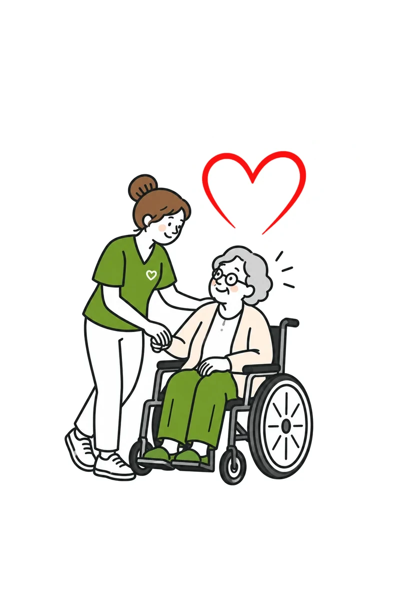 Illustration: Pflegerin hält die Hand einer Seniorin im Rollstuhl, darüber ein rotes Herz